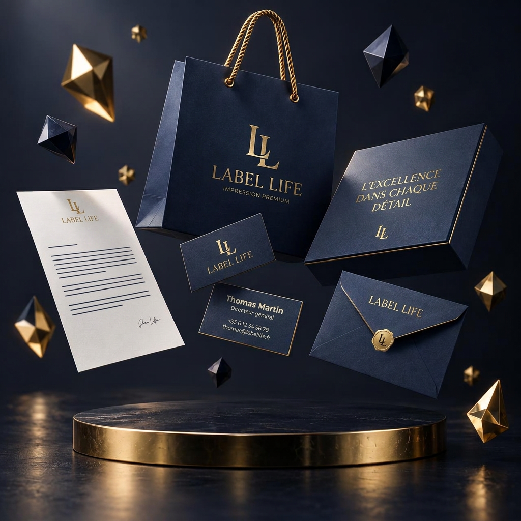 Sac, boîte, cartes de visite et papeterie LABEL LIFE en lévitation sur un podium doré